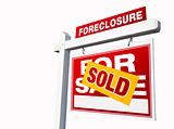 Red Sold Foreclosure Real Estate Sign Isolated on White.