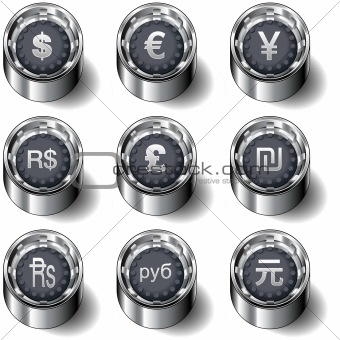 World currency icon set on vector buttons