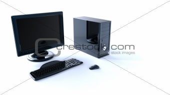 computer, screen, keyboard, and mouse on white background 