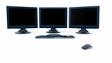 three lcd screens with keyboard and mouse on white background