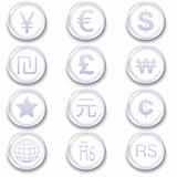 World currency symbols on glass orb buttons