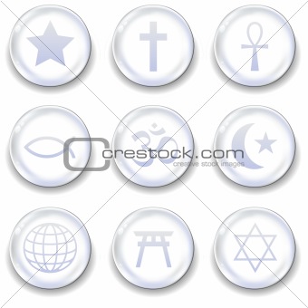 World religion symbols on glass orb buttons