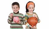 Two happy children with moneybox savings
