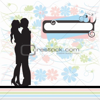 Couple, black silhouette, valentine card, retro style