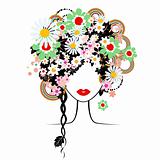 Face woman, floral hairstyle