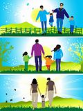 Happy family walks on nature