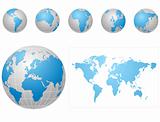 Global icons and map blue and gray