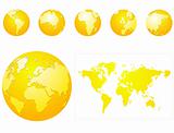 Global icons and map blue and gray gold or yellow