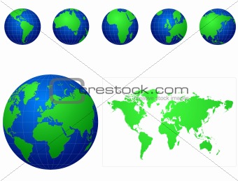 Global icons and map blue and green
