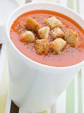Cup Of Tomato Soup With Croutons In A Polystyrene Cup