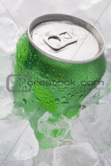 Green Can Of Fizzy Soft Drink Set In Ice 