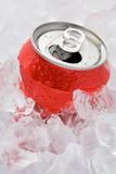 Red Can Of Fizzy Soft Drink Set In Ice With The Ring Pulled 