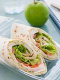 Chicken Salad Tortilla Wrap With A Green Apple And Water