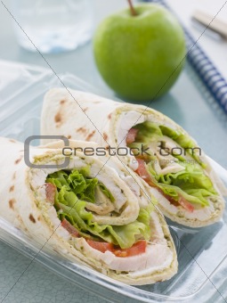 Chicken Salad Tortilla Wrap With A Green Apple And Water