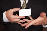 Businessman with Coat and Tie Holding Blank Business Card.