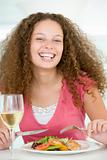 Woman Eating meal,mealtime With A Glass Of Wine 