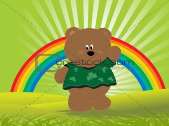 teddy bear weaving hand and rainbow on the background