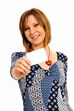 Woman with business card.