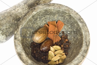 spices and pestle and mortar closeup isolated