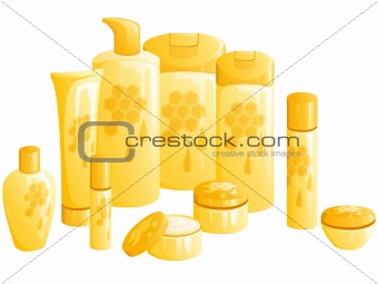 Line of beauty products, with a golden honeycomb design