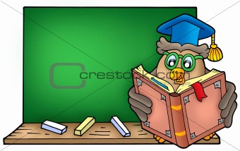 Owl teacher reading book on blackboard