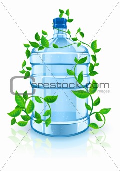 big bottle with clean blue water drink and green foliage