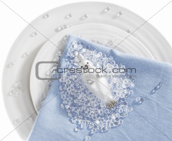 White Holiday Place Setting ~ Chistmas Ornament On Blue Napkin
