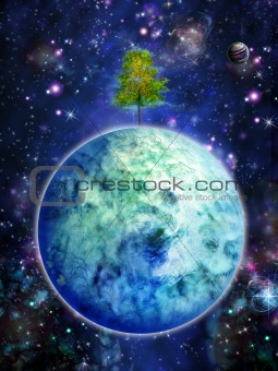 planet with tree, night