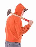 standing men in orange sweatshirt  keeping big hammer
