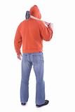 standing men in orange sweatshirt  keeping big hammer