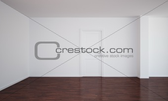 Empty room with a closed door and dark floor