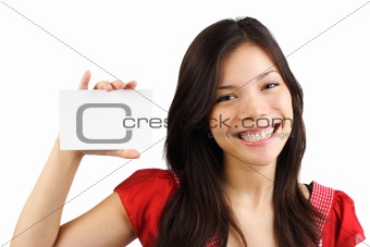 Woman holding blank card / white sign
