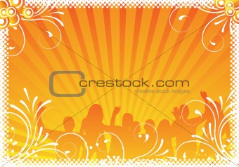 orange party background with ornaments and people