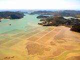 Aerial view of Ocean Agriculture in Whangaroa Harbour, Northland