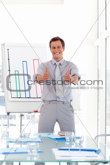 Man giving a presenentation with Thumbs up 