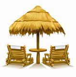 two beach deck-chairs under wooden umbrella