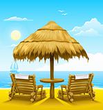 two beach deck-chairs under wooden umbrella