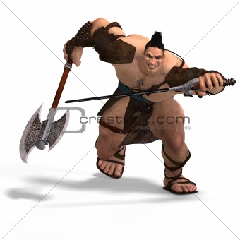 Muscular Barbarian Fight with Sword and Axe