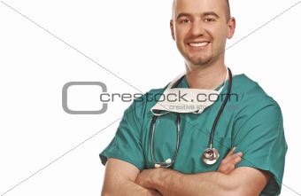 confident young doctor on white
