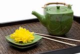 Bamboo tray, green ceramic teapot