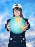 Girl in sea uniform and globe