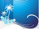 stylized wallpaper of palm tree, circles and wave elements