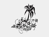 stylized wallpaper, palm tree and hibiscus flower