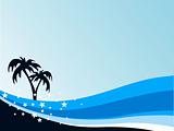 summer background with palm tree and blue wave