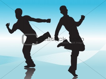 two boys silhouette in yoga pose on the floor in blue