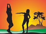 two female silhouette in yoga pose in palm tree and sunset theme