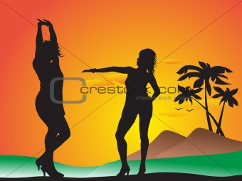 two female silhouette in yoga pose in palm tree and sunset theme