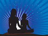 two lady doing yoga in the sunlight, blue vector 
