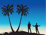 two male silhouette doing yoga on the hill and palm tree on the background
