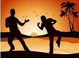 two male silhouette in yoga pose in palm tree and sunset theme